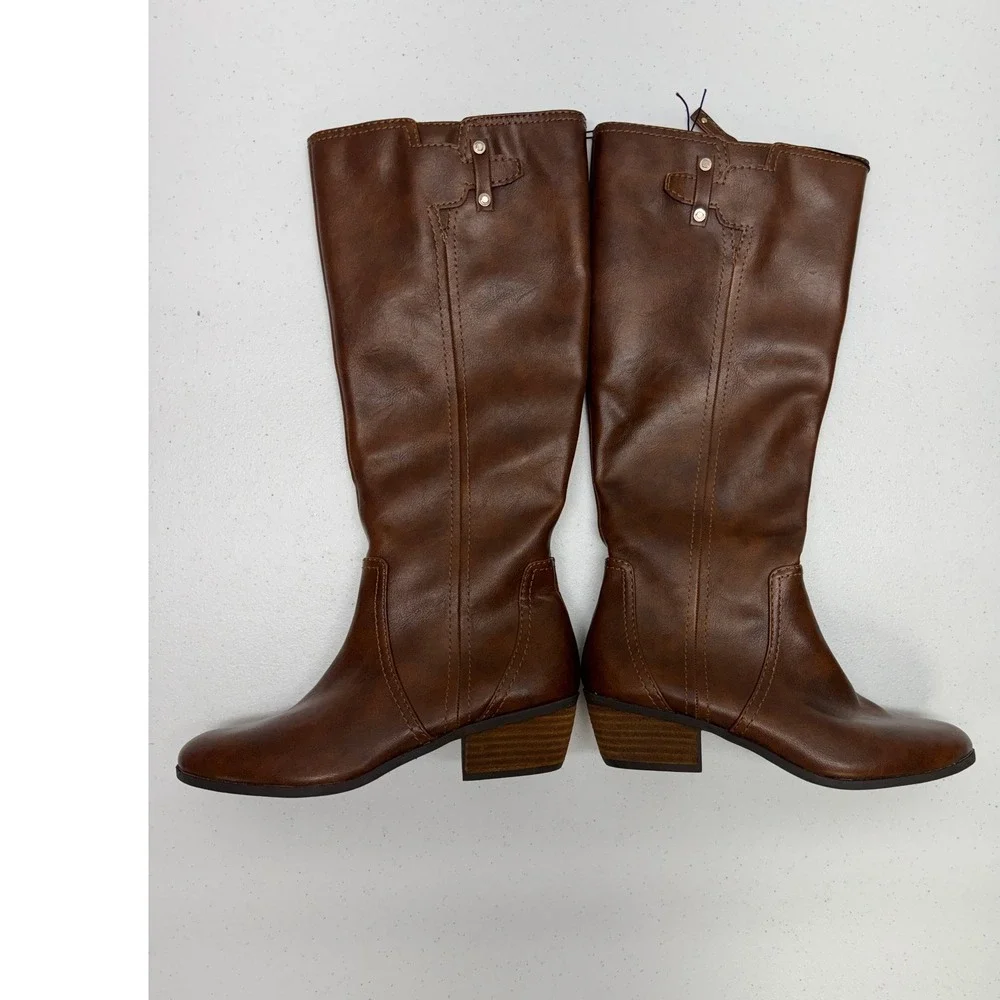 Dr Scholls Brilliance Boots Women 6M Brown Knee High Riding Side Zip Block Heel